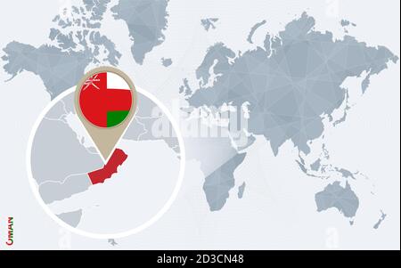 Abstract blue world map with magnified Oman. Oman flag and map. Vector Illustration. Stock Vector
