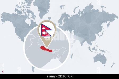 Abstract blue world map with magnified Nepal. Nepal flag and map. Vector Illustration. Stock Vector