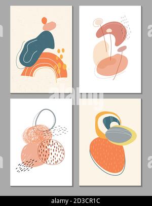 Collection of contemporary art posters in pastel colors.Abstract cut geometric elements and strokes, leaves and dots.Deisgn for social media, postcard Stock Vector