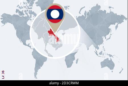 Abstract blue world map with magnified Laos. Laos flag and map. Vector Illustration. Stock Vector