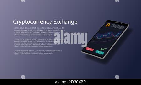 Website header mockup for cryptocurrency exchange with realistic isometric smartphone with stock chart and bitcoin icon on screen. Stock Photo