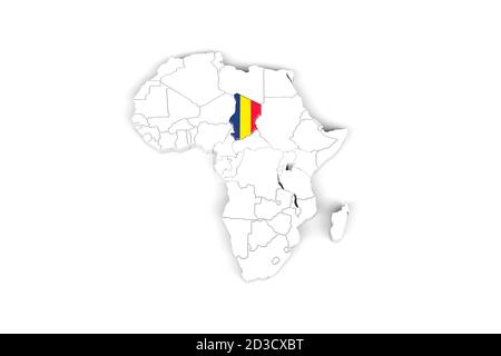 Africa 3d map with borders marked - Chad area marked with Chad flag - isolated on white background - 3D Illustration Stock Photo