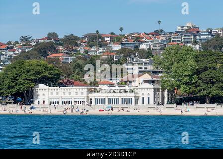 The 1928-29 constructed 'Spanish Mission' style, Bathers Pavilion at Balmoral Beach, Mosman, Sydney, Australia on a sunny spring morning from a boat Stock Photo