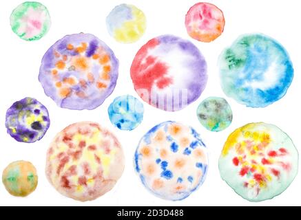 Watercolor hand painted circle shape elements of different colors for design. Isolated on white. Stock Photo