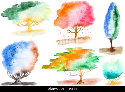 Watercolor hand painted tree shape elements of different colors for design. Isolated on white. Stock Photo