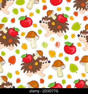 Cute hedgehog, multicolored apples and mushrooms seamless pattern, cartoon hand drawing, colorful autumn background. For design of children's prints, Stock Vector