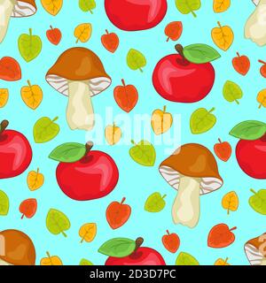 Apples, mushrooms and leaves seamless pattern, cartoon hand drawing, colorful autumn forest background. For the design of children's prints, fabric, b Stock Vector