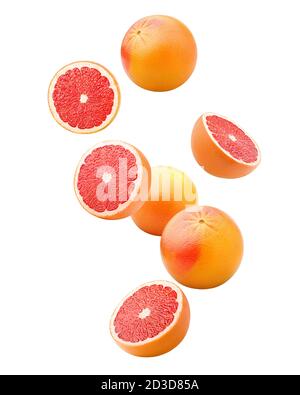 Falling grapefruits isolated on white background, clipping path, full depth of field Stock Photo