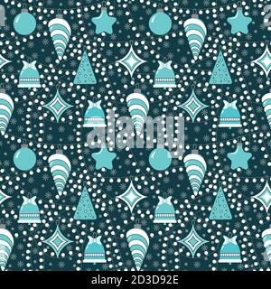 Christmas seamless pattern with garland. In gray, blue and white colors. Garland with light bulbs and Christmas toys Stock Vector
