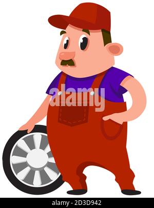 Auto mechanic holding wheel. Male character in cartoon style. Stock Vector