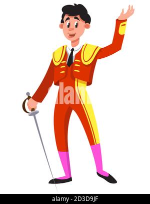 Bullfighter holding sword. Male character in cartoon style. Stock Vector