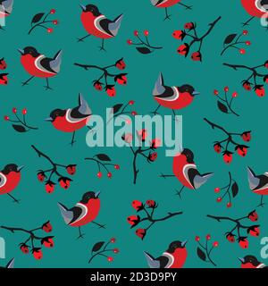 Bird Seamless Pattern. Bullfinch birds on a modern teal background with red berries of rowan and brier. Winter/Merry Christmas Collection.Vector Illus Stock Vector