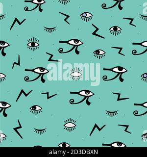 Third Eye Seamless pattern. Yellow, blue and black colors. Seamless Pattern. Psychedelic eyes. Egyptian, closed and opened eye, suspicious eye. Good f Stock Vector