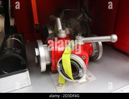 Cracow. Krakow. Poland. Three-way fire spring in the fire truck storage compartment. Stock Photo