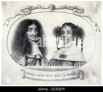 King Charles II of England (1630-1685) and his wife Catherine of Braganza (1638-1705), portrait drawing by David Loggan, 1661-1674 Stock Photo