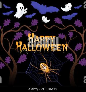 Square Happy Halloween Composition with spooky bats, ghost, spider and spider net in a mystical forest before a black background for instagram banners Stock Vector