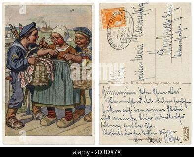 German historical postcard: Children as adults: Sailors of the German Imperial Navy rob a sutler girl with baskets of food, world war one, 1917 Stock Photo
