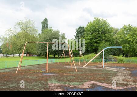 Derelict abandoned playground on council housing estate in Salford Greater Manchester 2019. Highstreet estate in Pendleton next toClarendon Park Stock Photo