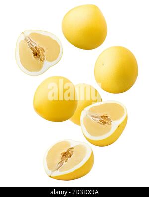 Falling yellow pomelo, isolated on white background, clipping path, full depth of field Stock Photo