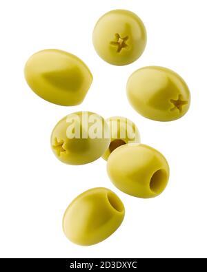 Falling pitted olive isolated on white background, clipping path, full depth of field Stock Photo