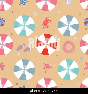 Beach Seamless Pattern with umbrellas, crab, rubber ring, etc. Vector Illustration Stock Vector