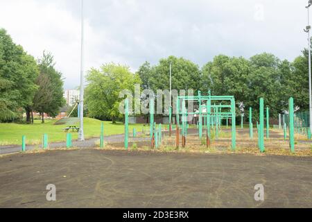 Derelict abandoned playground on council housing estate in Salford Greater Manchester 2019. Highstreet estate in Pendleton next toClarendon Park Stock Photo