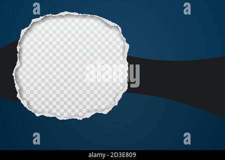 Round hole composition in paper with torn edges, blue gradient and soft shadow is on squared, transparent background. Vector illustration Stock Vector