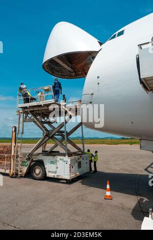 A Boeing B747 Jumbo Jet freighter aircraft with a wide open nose cargo door being offloaded by a high-loader at a cargo ramp Stock Photo
