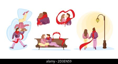 Young happy couple in love spend time together in various winter relationship scenes. Man and woman during romantic date. Vector vale and female walking, hugging and kissing in park illustration Stock Vector