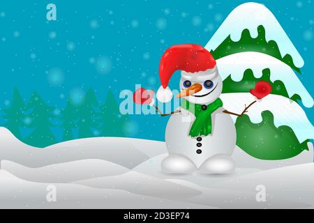 Cute Christmas greeting card with snowman and fir with copy space. Snowman character smiling in red mittens, scarf and santa hat. Vector illustration Stock Vector