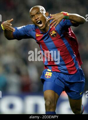 Barcelona S Eto O Celebrates Scoring A Goal Against Chelsea During Their Champions League First Knock Out Round First Leg Match In Barcelona Barcelona S Samuel Eto O Celebrates Scoring A Goal Against Chelsea During Their Champions