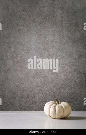 White whole uncooked decorative pumpkin on white marble table with grey wall at background. Autumn minimalist decoration. Stock Photo