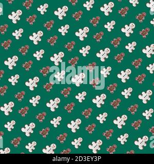 Christmas concept pattern. Gingerbread snowman cookies with shadow on green backround. Colorful pattern Creative minimal winter flat lay. Paper or dec Stock Photo