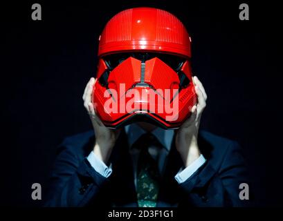 London, UK. 8th Oct, 2020. Sith Trooper Helmet used in 'Star Wars: The Rise of Skywalker' in 2019, Estmate £20,000-30,000. Bonhams Entertainment and Memorabilia will take place on October 13th. Credit: Mark Thomas/Alamy Live News Stock Photo