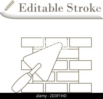 Icon Of Brick Wall With Trowel. Editable Stroke Simple Design. Vector Illustration. Stock Vector