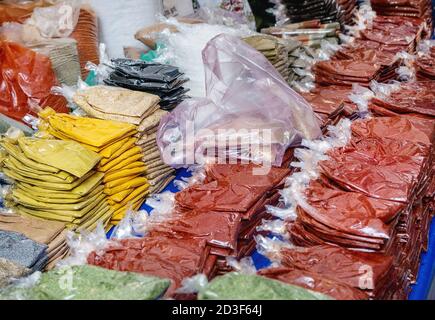Turkish farmer market. Assortment of asian spices and herbs in package on the counter Stock Photo