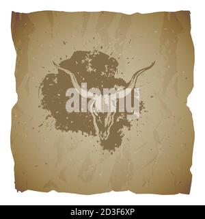 Vector illustration of hand drawn skull antelope and grunge elements on old torn edges background. Texture of old paper. Sketch in sepia color. For yo Stock Vector