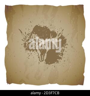 Vector illustration of hand drawn skull elk and grunge elements on old torn edges background. Texture of old paper. Sketch in sepia color. For you des Stock Vector