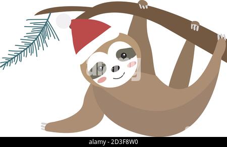 Cute christmas sloth icon flat, cartoon style. Vector illustration Stock Vector
