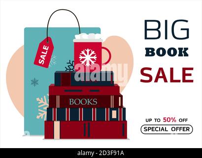 Big book sale. Vector illustration of a stack of books and a Cup of cocoa with marshmallows. Banner for new year s sale, black Friday, or Christmas discounts. Flat design. Bright advertising with a paper bag with snowballs, red books and a new year s Cup of coffee. Stock Vector