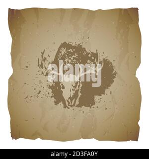 Vector illustration of hand drawn skull deer and grunge elements on old torn edges background. Texture of old paper. Sketch in sepia color. For you de Stock Vector