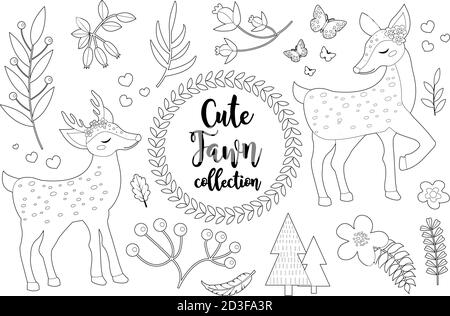 Cute little deer set Coloring book page for kids. Collection of design element sketch outline style. Kids baby clip art funny smiling kit Stock Vector