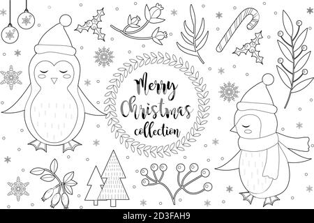 Cute little penguin set Coloring book page for kids. Collection of design element sketch outline style. Kids baby clip art funny smiling kit. Vector Stock Vector