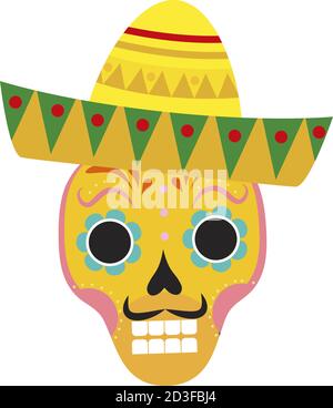 Day of death skull in sombrero flat icon, cartoon style. Vector illustration Stock Vector