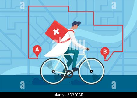 Medicine pharmacy delivery. Male doctor riding bicycle with medical surgical sanitary box first aid on city street map plan and navigation route. Therapist pharmacist on cycle vector flat illustration Stock Vector