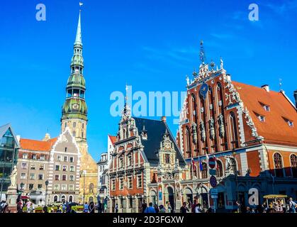 House of the Blackheads, St. Peter's Church on the Town Hall Square in the center of Riga, Latvia Stock Photo