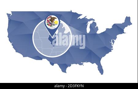 Illinois State magnified on United States map. Abstract USA map in blue color. Vector illustration. Stock Vector