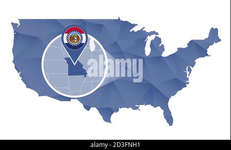 Missouri State magnified on United States map. Abstract USA map in blue color. Vector illustration. Stock Vector