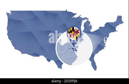 USA map with magnified Maryland State. Maryland flag and map Stock ...