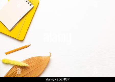 Notebook, diary and pencil with dry plant on white background. flat lay, top view, copy space. Work and study place Stock Photo